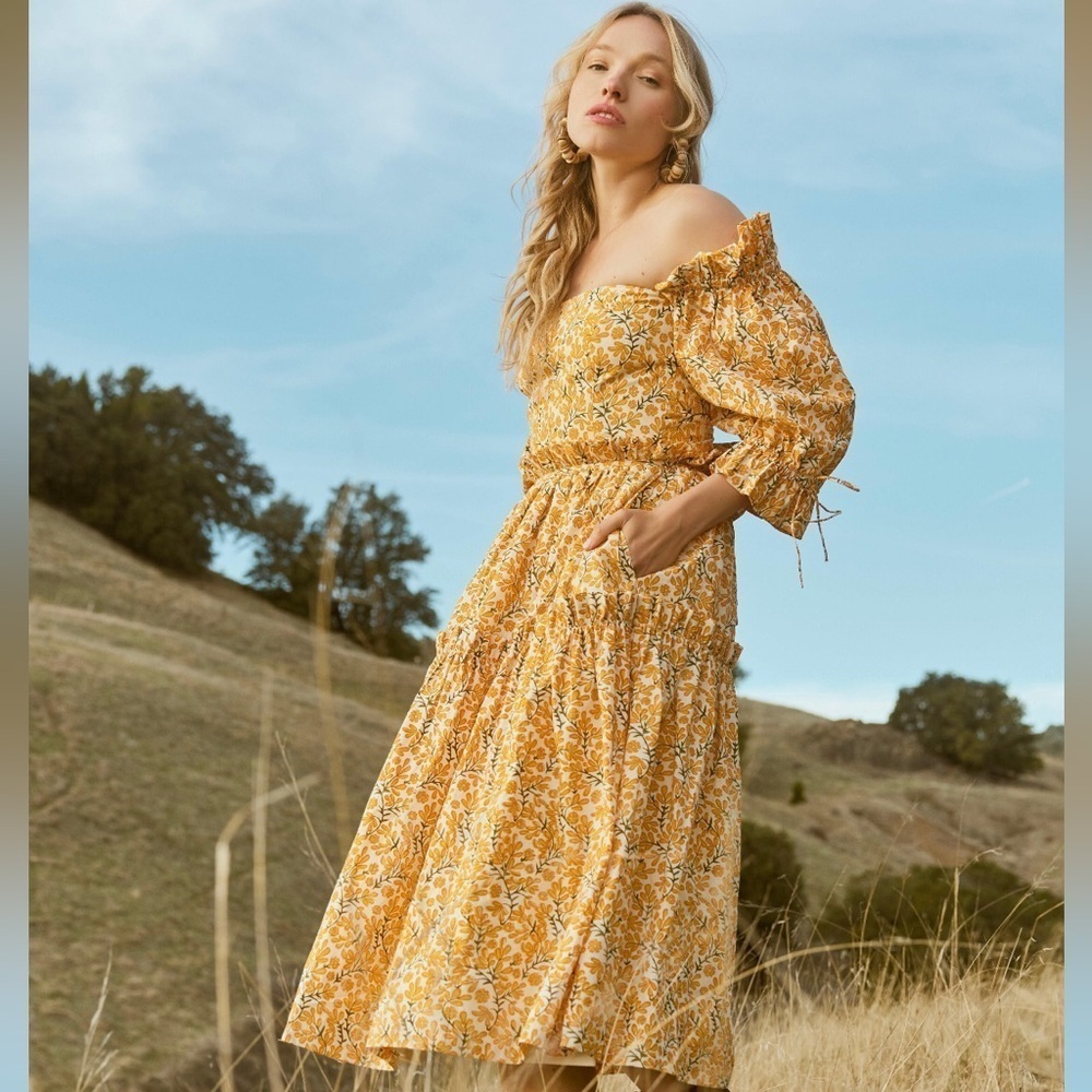 $398 NWT  EDDY Floral Yellow Off-Shoulder Dress - Picture 2 of 6